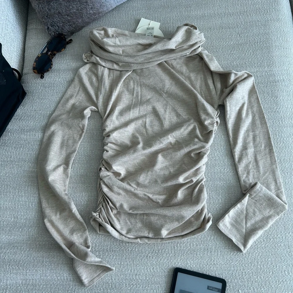 Baobab Collection Off-Shoulder Ruched Sweater - Taupe - Picture 5 of 11